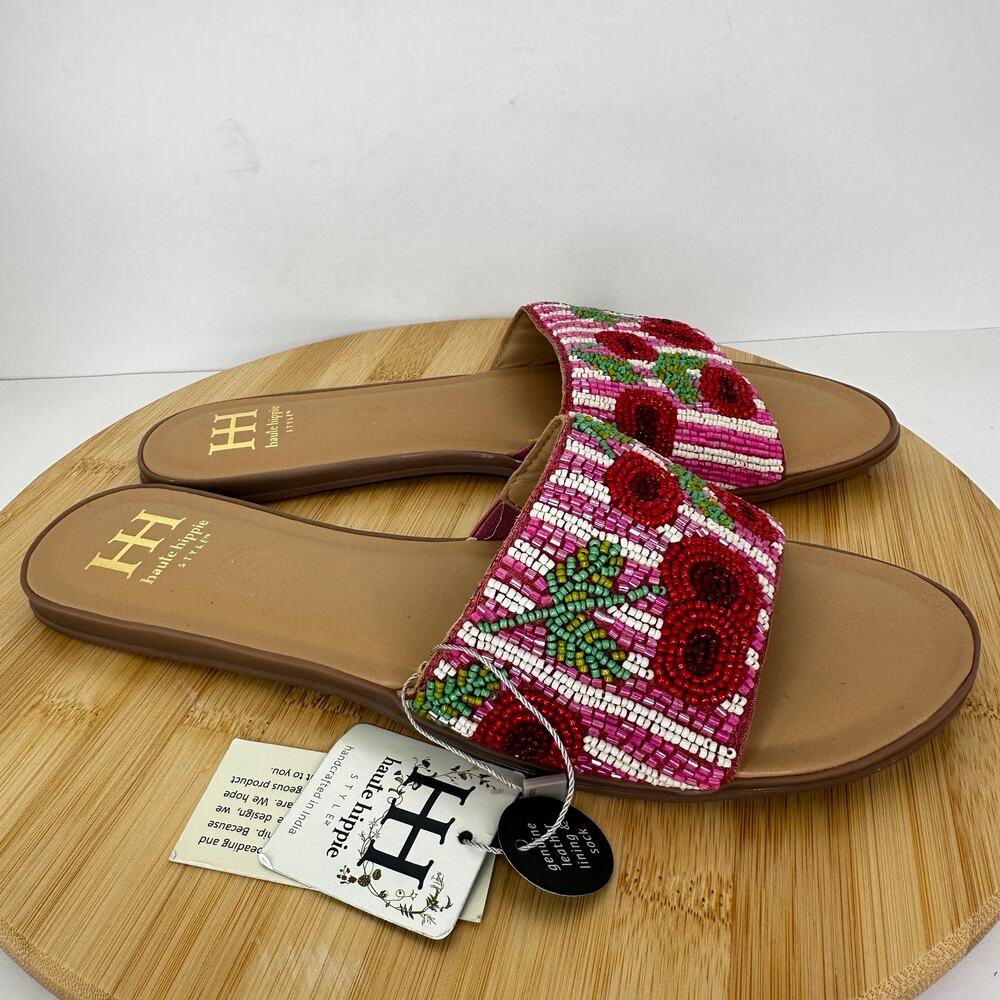 Haute Hippie Beaded Cherry Stripe Slide Sandals Pink Red Slip On Size 8.5 NEW